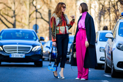 atmosphere details, AUTUMN WINTER 2017-2018, AW 17-18, black and white shoes, black coat, black denim, blue bag, chloe, denim pants, ece sukan, FALL WINTER 2017-2018, fashion week, frenchystyle, full length, FW, FW 17-18, giorgia tordini, high heels, horizontal, jeans, jonathan paciullo, leather bag, leather shoes, miu miu, natural fur, over the shoulder, PARIS, PFW, pink pants, pink shirt, prada, printed jacket, red jacket, street style, trousers, trousers: beige bag