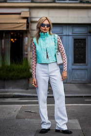 bag, black boots, blue jacket, boots, color, courreges jacket, jacket, leather jacket, marine serre top, mask sunglasses, mint jacket, nude top, pants, printed top, sleveless jacket, sunglasses, top, white bag, white pants, street style, jonathan paciullo, FW, frenchystyle, fashion week, PFW, PARIS, SPRING SUMMER 2022, SS 22, vertical, full length