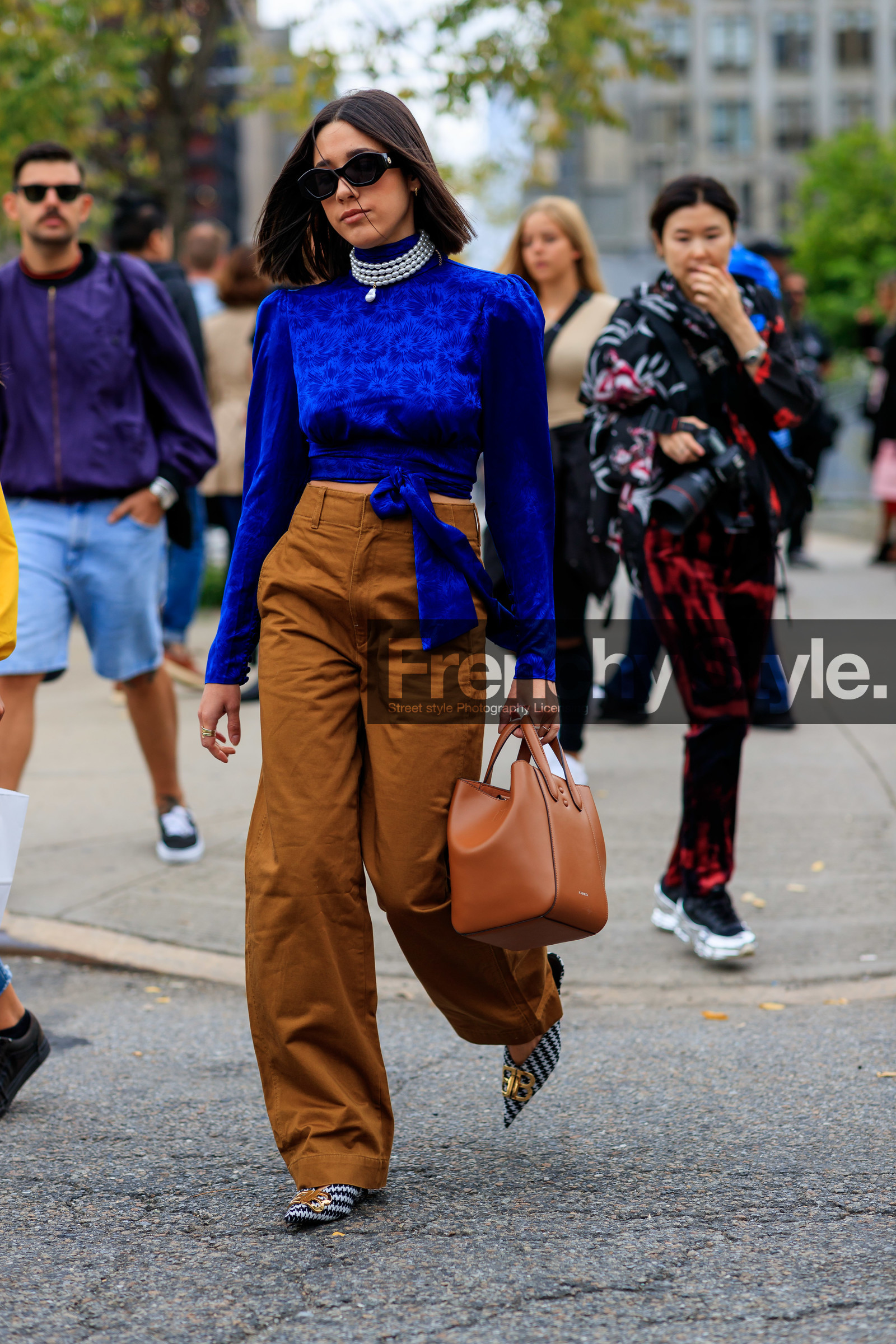 balenciaga, black and white shoes, blue top, camel bag, camel pants, choker, graphic shoes, houndstooth pattern, leather bag, leather shoes, necklace, pearls, printed shoes, silk shirt, sunglasses, trousers, turtleneck sweater, fashion week, frenchystyle, FW, jonathan paciullo, street style, NEW YORK, NYFW, SPRING SUMMER 2020, SS 20, vertical, full length