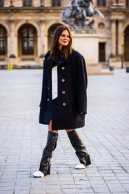 bicolor boots, black boots, black coat, boots, Christine Centenera, coat, high boots, leather boots, oversize coat, fashion week, frenchystyle, FW, jonathan paciullo, street style, PFW, PARIS, SPRING SUMMER 2022, SS 22, vertical, full length