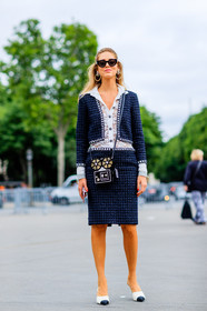 AUTUMN WINTER 2016-2017, AW 16-17, black and white shoes, black bag, blazer, blue jacket, blue skirt, blue suit, chanel, chiara ferragni, céline, earrings, FALL WINTER 2016-2017, fashion week, frenchystyle, full length, fun bag, FW, FW 16-17, graphic bag, HAUTE COUTURE, high heels, jonathan paciullo, lace shirt, leather shoes, MENSWEAR, PARIS, PFW, street style, sunglasses, tweed jacket, tweed skirt, vertical, white shirt