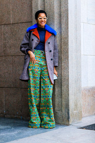 AUTUMN WINTER 2017-2018, AW 17-18, blue fur, blue sweater, brown jacket, FALL WINTER 2017-2018, fashion week, frenchystyle, full length, fun sunglasses, fur collar, FW, FW 17-18, graphic jacket, green pants, high waist, houndstooth pattern, jonathan paciullo, leather shoes, MFW, MILAN, printed jacket, printed pants, street style, sunglasses, tamu mcpherson, trousers, vertical, wide pants