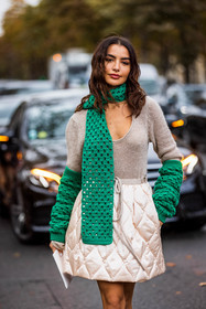 beige knitwear, beige skirt, crochet, green scarf, knitwear, miu miu look, quilted skirt, Rania Fawazz, scarf, skirt, sleeves, fashion week, frenchystyle, FW, jonathan paciullo, street style, PFW, PARIS, SPRING SUMMER 2022, SS 22, vertical, atmosphere details