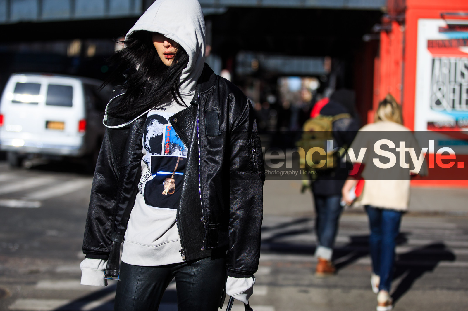 atmosphere details, AUTUMN WINTER 2016-2017, AW 16-17, black jacket, black pants, bomber jacket, detail, fashion week, frenchystyle, FW, FW 16-17, grey sweater, hoodie, horizontal, jonathan paciullo, leather pants, model, NEW YORK, NYFW, printed sweater, street style, sunghee kim, woman