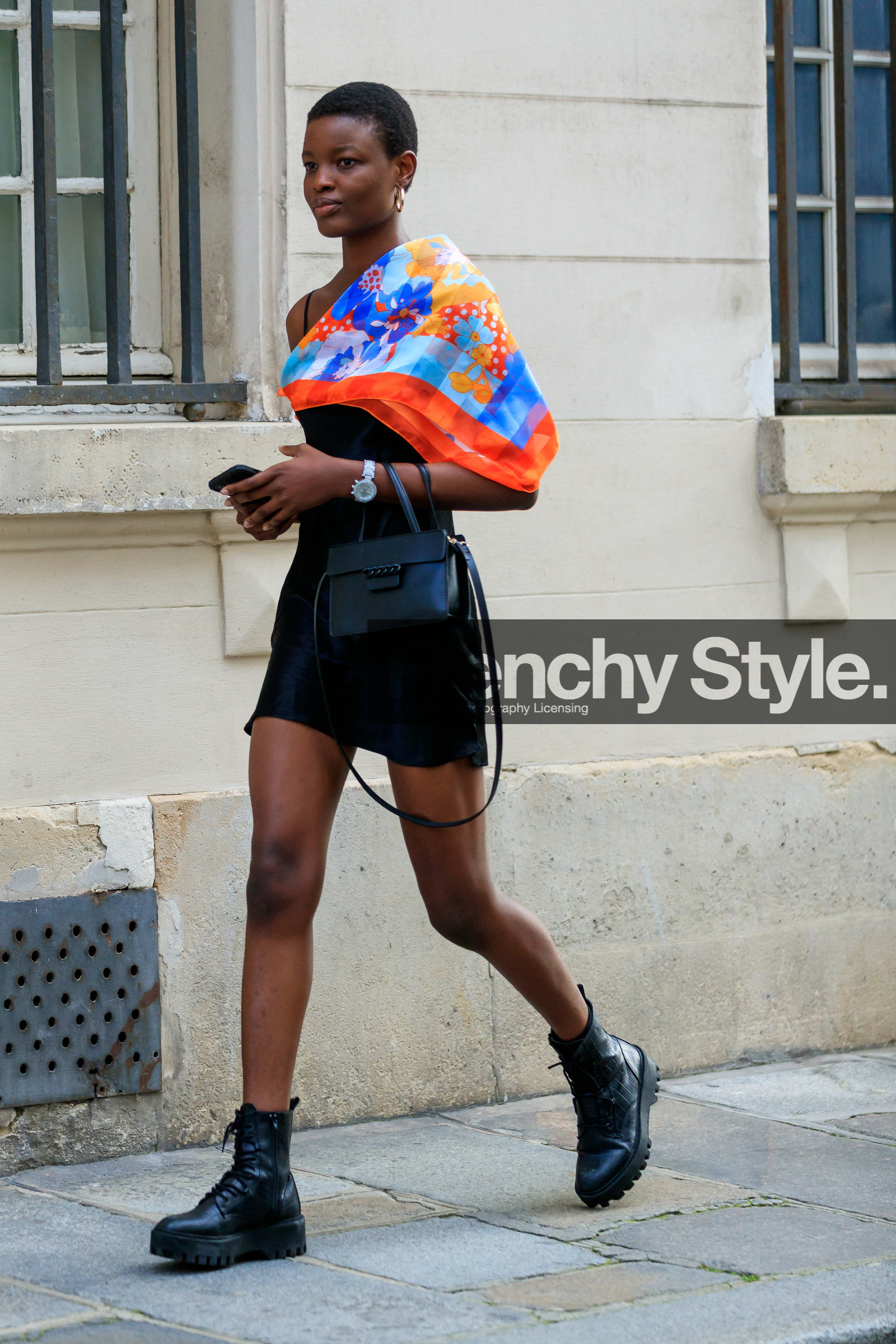 scarf, scarf top, scarf detail, floral printed scarf, red scarf, blue scarf, checked scarf, mini dress, underwear dress, satin dress, silk dress, flat boots, animal skin boots, big sole boots, laced boots, balenciaga scarf, fashion week, frenchystyle, FW, jonathan paciullo, street style, PFW, PARIS, AUTUMN WINTER 2021-2022, FALL WINTER 2021-2022, FW 21-22, vertical, full length