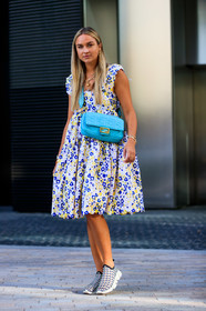 animals charms necklace, cartier watch, crossbody bag, fendi baguette bag, flower embroidered dress, golden bracelet, golden earrings, golden necklace, golden watch, light blue leather bag, monogrammed bag, multi bracelet, multi earrings, multi necklace, plaited shoes, snake earring, plaited sneakers, fashion week, frenchystyle, FW, jonathan paciullo, street style, vertical, full length