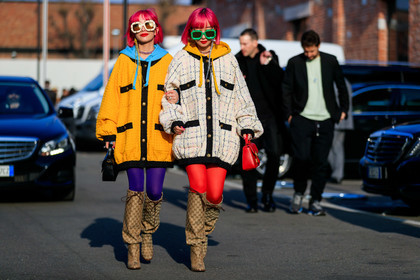 Ami and Aya Suzuki, beige boots, black bag, blue sweater, checked, dyed hair, graphic jacket, gucci, high boots, high heels, hoodie, leather bag, leather shoes, monogram, necklace, pink hair, plaid, printed jacket, red bag, sunglasses, tights, tweed jacket, white jacket, yellow jacket, fashion week, frenchystyle, FW, jonathan paciullo, street style, MFW, MILAN, AUTUMN WINTER 2019-2020, AW 19-20, FALL WINTER 2019-2020, FW 19-20, atmosphere details, full length, horizontal