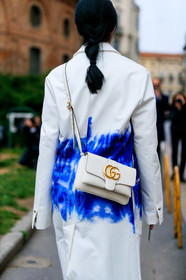 blue, braids, caroline issa, graphic jacket, gucci, leather bag, printed jacket, white bag, white coat, MILAN, MFW, fashion week, frenchystyle, FW, jonathan paciullo, street style, AUTUMN WINTER 2019-2020, AW 19-20, FALL WINTER 2019-2020, FW 19-20, vertical, atmosphere details, detail