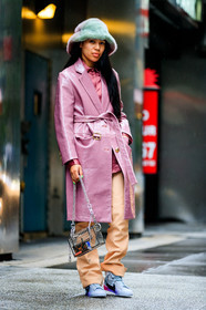 aleali may, camel pants, fur hat, green fur, green hat, leather bag, leather coat, leather shoes, metallic bag, nike, pink coat, pink shirt, white sneakers, street style, jonathan paciullo, FW, frenchystyle, fashion week, NYFW, NEW YORK, SPRING SUMMER 2019, SS 19, vertical, full length