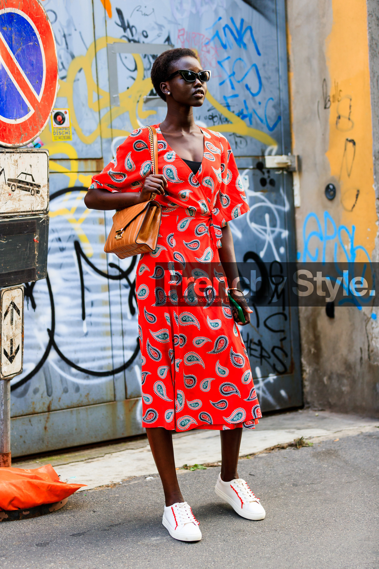 camel bag, earrings, graphic dress, leather bag, leather shoes, model, printed dress, red dress, short hair, sunglasses, white sneakers, fashion week, frenchystyle, FW, jonathan paciullo, street style, MFW, MILAN, SPRING SUMMER 2019, SS 19, vertical, full length