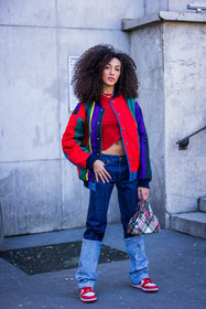 asymetric top, bag, blue denim, bomber, check, checked print, color, denim, green bag, green jacket, jacket, patchwork, patchwork denim, printed bag, printed jacket, quilted jacket, red bag, red jacket, red sneakers, red top, sneakers, stripes, tartan print, top, street style, jonathan paciullo, FW, frenchystyle, fashion week, PFW, PARIS, SPRING SUMMER 2022, SS 22, vertical, full length