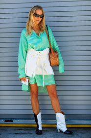 cowboy boots, fashion week, frenchystyle, full length, FW, green dress, green shirt, jessica mercedes kirschner, jonathan paciullo, leather bag, men shirt, NEW YORK, NYFW, red boots, shirt dress, SPRING SUMMER 2018, SS 18, straw bag, street style, striped dress, sunglasses, varnished leather shoes, vertical, white boots, white skirt
