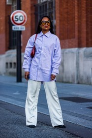 aviator sunglasses, bag, black boots, croco bag, flare pants, large pants, leather bag, lila shirt, pants, pastel, red bag, shirt, sunglasses, white pants, street style, jonathan paciullo, FW, frenchystyle, fashion week, PFW, PARIS, SPRING SUMMER 2022, SS 22, vertical, full length