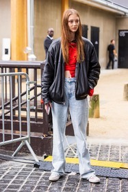 black jacket, converse, denim, jacket, jeans, leather jacket, ligh denim, red top, Sara Grace Wallerstedt, straight jeans, top, white converse, white sneakers, fashion week, frenchystyle, FW, jonathan paciullo, street style, PFW, PARIS, SPRING SUMMER 2022, SS 22, vertical, full length