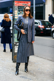 black bag, black shoes, blazer, grey jacket, grey skirt, grey sweater, high boots, high heels, leather bag, leather shoes, necklace, pleated skirt, sunglasses, MILAN, MFW, fashion week, frenchystyle, FW, jonathan paciullo, street style, AUTUMN WINTER 2019-2020, AW 19-20, FALL WINTER 2019-2020, FW 19-20, vertical, full length