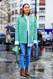 AUTUMN WINTER 2017-2018, AW 17-18, blue denim, brown boots, checked jacket, denim pants, FALL WINTER 2017-2018, fashion week, frenchystyle, full length, FW, FW 17-18, gingham, graphic jacket, green jacket, high heels, jeans, jonathan paciullo, leather bag, leather shoes, PARIS, PFW, plaid, printed jacket, rachael wang, street style, tartan, trousers, vertical, white shirt