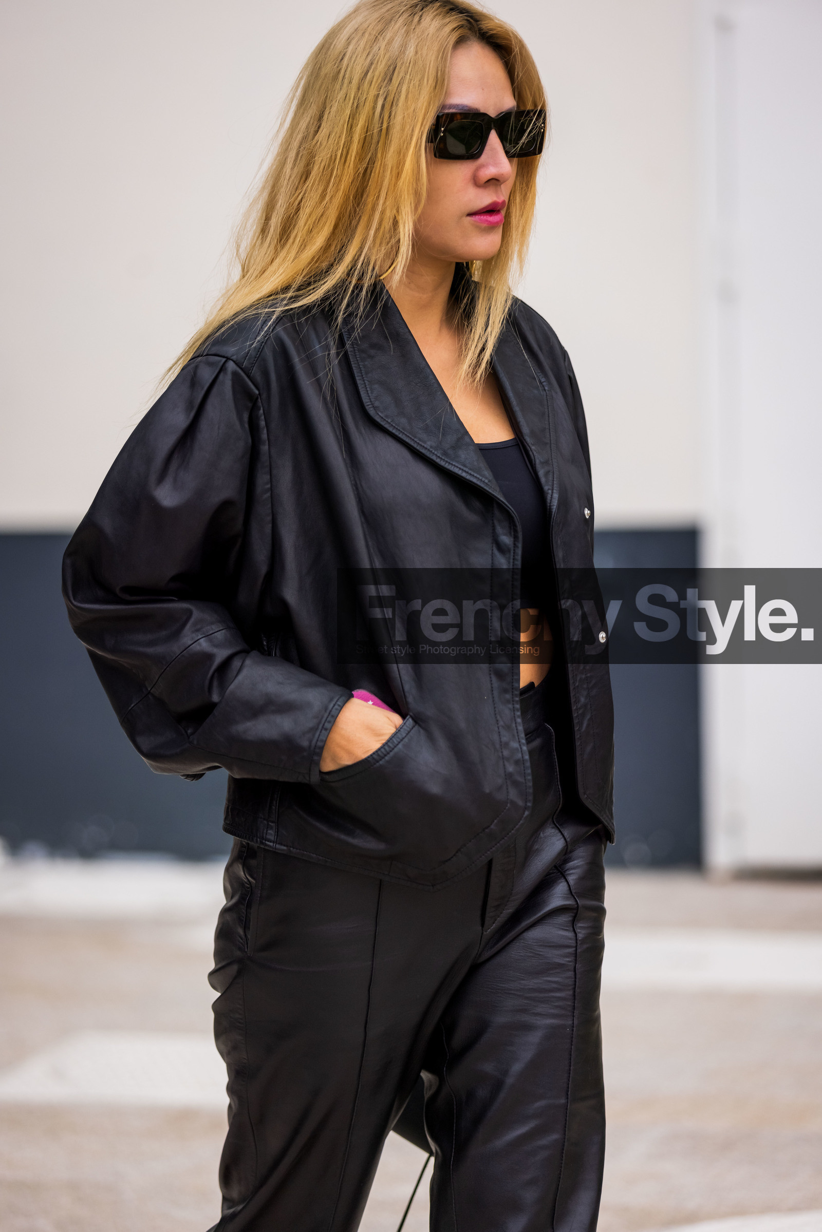 black jacket, black monochrome, black pants, black sunglasses, jacket, leather bag, leather jacket, leather pants, monochrome, pants, sunglasses, Tina Leung, PARIS, PFW, fashion week, frenchystyle, FW, jonathan paciullo, street style, SPRING SUMMER 2022, SS 22, vertical, atmosphere details