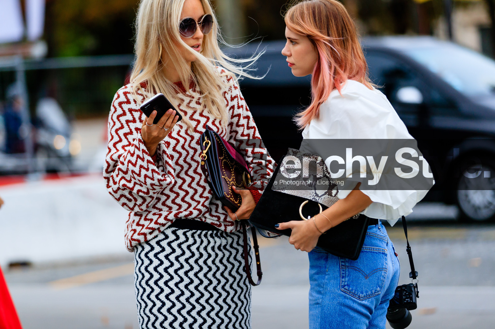 atmosphere details, black bag, blue denim, camera, Charlotte Groeneveld, chloe, denim pants, detail, dyed hair, fashion week, frenchystyle, FW, geometric, graphic skirt, graphic sweater, horizontal, jeans, jonathan paciullo, leather bag, PARIS, PFW, pink hair, printed skirt, printed sweater, red bag, red sweater, snake print, SPRING SUMMER 2017, SS 17, street style, striped skirt, striped sweater, studded bag, suede bag, sunglasses, trousers, white shirt
