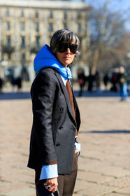 blazer, blue, brown pants, brown sweater, grey jacket, hood, rings, sunglasses, trousers, MILAN, MFW, fashion week, frenchystyle, FW, jonathan paciullo, street style, AUTUMN WINTER 2019-2020, AW 19-20, FALL WINTER 2019-2020, FW 19-20, vertical, atmosphere details, detail
