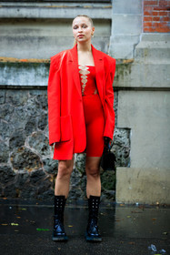 off white jacket, red jacket, oversize jacket, red bodysuit, tight jumpsuit, red jumpsuit, pearl detail, make up details, make up, black eyeliner, black leather boots, black boots, red body, laced boots, flat boots, high boots, red shorts, off white total look, off white boots, big sole boots, regina anikiy, fashion week, frenchystyle, FW, jonathan paciullo, street style, PFW, PARIS, AUTUMN WINTER 2021-2022, FALL WINTER 2021-2022, FW 21-22, vertical, full length