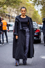 Amina Muaddi, bag, black coat, black heels, black sunglasses, black t-shirt, camel bag, coat, flare pants, grey pants, leather bag, mini bag, pants, rectangle sunglasses, suede pants, sunglasses, t-shirt, street style, jonathan paciullo, FW, frenchystyle, fashion week, PFW, PARIS, SPRING SUMMER 2022, SS 22, vertical, full length