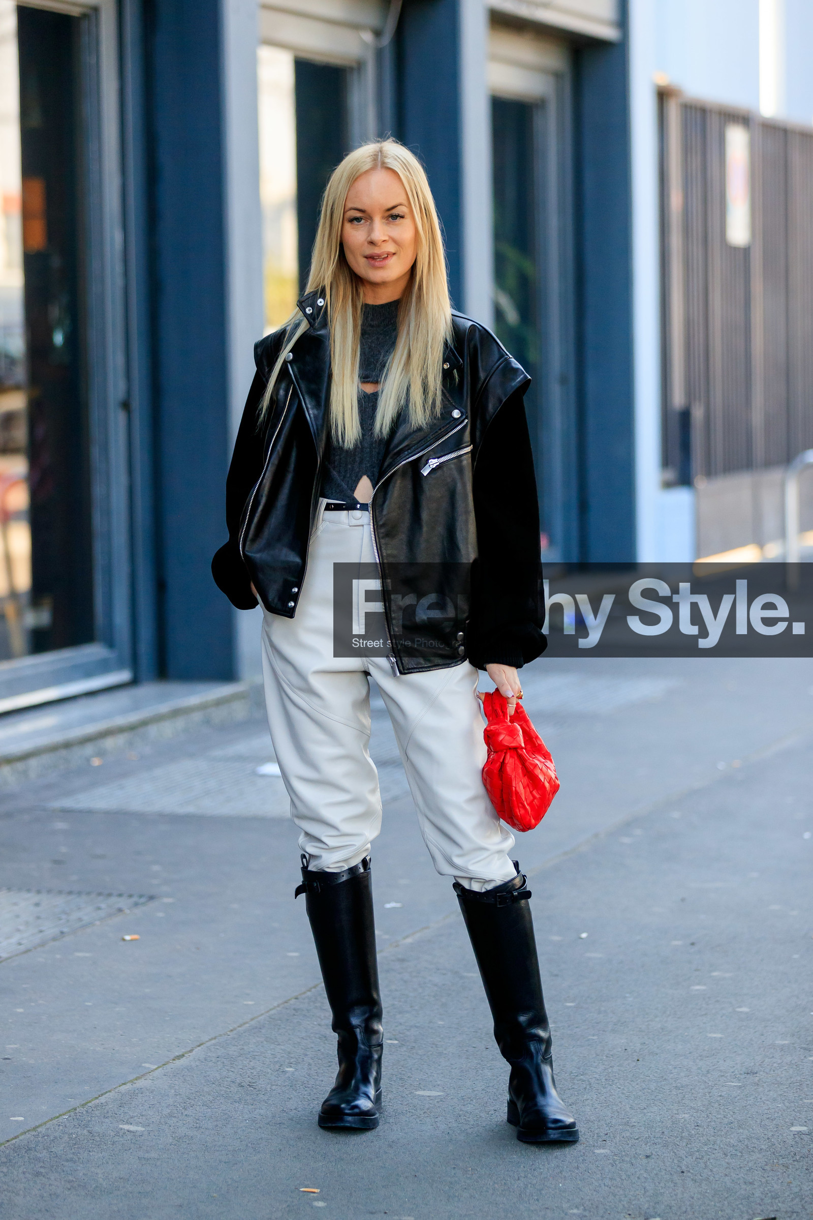 thora valdimars, black leather perfecto, sleeveless jacket, black perfecto, black leather boots, white leather pants, red leather bag, bottega veneta bag, plaited bag, grey pullover, openwork pullover, high boots, flat boots, fashion week, frenchystyle, FW, jonathan paciullo, street style, MFW, MILAN, AUTUMN WINTER 2020-2021, FALL WINTER 2020-2021, FW 20-21, vertical, full length