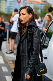karina nigay, black leather bag, black leather belt, black leather jacket, black leather coat, black leather pants, black total look, sheer top, prada bag, leather total look, black lipstick, make up details, make up, fashion week, frenchystyle, FW, jonathan paciullo, street style, MFW, MILAN, SPRING SUMMER 2020, SS 20