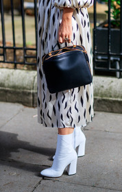 atmosphere details, black and white, black bag, detail, fashion week, frenchystyle, FW, graphic dress, high heels, jonathan paciullo, kate foley, leather bag, leather shoes, LFW, LONDON, printed dress, SPRING SUMMER 2018, SS 18, street style, vertical, white boots, white dress
