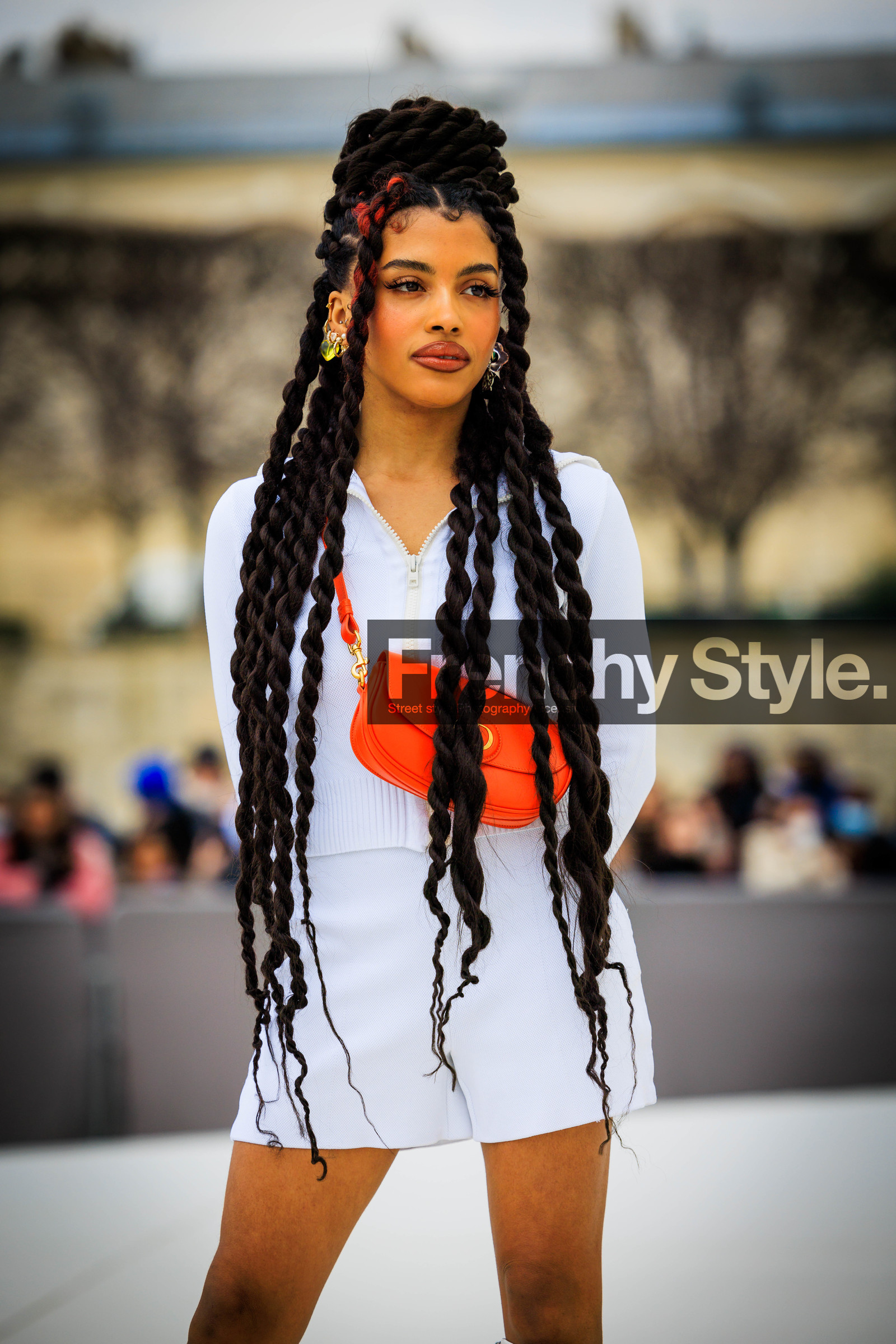 long braids, white short, white cardigan, crossbody bag, dior bag, dior, orange bag, multiple earrings, fashion week, frenchystyle, FW, jonathan paciullo, street style, AUTUMN WINTER 2022-2023, FALL WINTER 2022_2023, FW 22-23, PFW, PARIS, vertical, detail