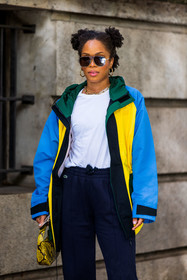 aviator sunglasses, bag, blue jacket, color, earrings, Ellie Delphine, gold hoops, hoops, jacket, jogging, navy jogging, pants, printed bag, python print, statement heels, sunglasses, t-shirt, track pants, white t-shirt, yellow bag, yellow jacket, lacoste, fashion week, frenchystyle, FW, jonathan paciullo, street style, PFW, PARIS, SPRING SUMMER 2022, SS 22, vertical, atmosphere details