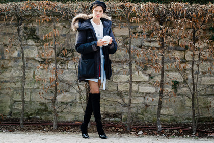 black shoes, christian dior, high heels, leather shoes, printed t shirt, black jacket, blue skirt, down jacket, fishnet, hood, tights, white t shirt, fashion week, frenchystyle, FW, jonathan paciullo, street style, PFW, PARIS, SPRING SUMMER 2017, SS 17, HAUTE COUTURE, atmosphere details, full length, horizontal, model