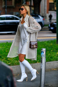 fendi bag, fendi jacket, fendi boots, fendi dress, white total look, white dress, white jacket, white leather boots, fendi sunglasses, silk dress, leather jacket, openwork jacket, brown bag, polish bag, futurist shape sunglasses, high boots, high heels boots, low necked dress, street style, jonathan paciullo, FW, frenchystyle, fashion week, MFW, MILAN, SPRING SUMMER 2020, SS 20