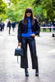 bag, black bomber, black pants, black sunglasses, blue electric, blue turtleneck, bomber, courreges top, hermes bag, kelly bag, Laure Hériard-Dubreuil, leather bag, leather pants, pants, sunglasses, turtleneck, fashion week, frenchystyle, FW, jonathan paciullo, street style, PFW, PARIS, SPRING SUMMER 2022, SS 22, vertical, full length