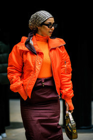 gucci scarf, logo scarf, orange bomber jacket, sparkling mini bag, golden bag, black sunglasses, burgundy skirt, nylon skirt, orange turtleneck, fashion week, frenchystyle, FW, jonathan paciullo, street style, AUTUMN WINTER 2022-2023, FALL WINTER 2022_2023, FW 22-23, PFW, PARIS, vertical, detail