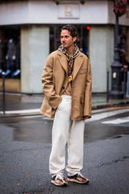 beige blazer, beige sneakers, blazer, brown scarf, denim, Jean Sebastien Roques, lanvin look, large pants, menswear, orange scarf, pants, print, printed scarf, scarf, sneakers, white denim, white pants, fashion week, frenchystyle, FW, jonathan paciullo, street style, PFW, PARIS, SPRING SUMMER 2022, SS 22, vertical, full length