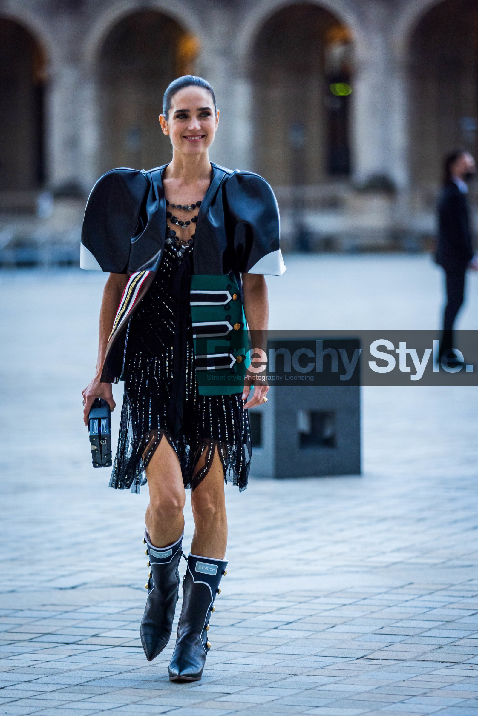black boots, black dress, boots, clutch, dress, fringes, green jacket, jacket, Jennifer Connelly, leather boots, louis vuitton look, oversize shoulder, statement dress, fashion week, frenchystyle, FW, jonathan paciullo, street style, PFW, PARIS, SPRING SUMMER 2022, SS 22, vertical, full length