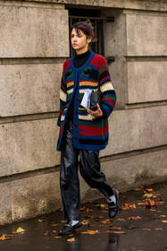 black loafers, black mocassins, black pants, black turleneck, cardigan, leather pants, loafers, mocassins, navy cardigan, pants, red cardigan, turtleneck, wool cardigan, lacoste, fashion week, frenchystyle, FW, jonathan paciullo, street style, PFW, PARIS, SPRING SUMMER 2022, SS 22, vertical, full length