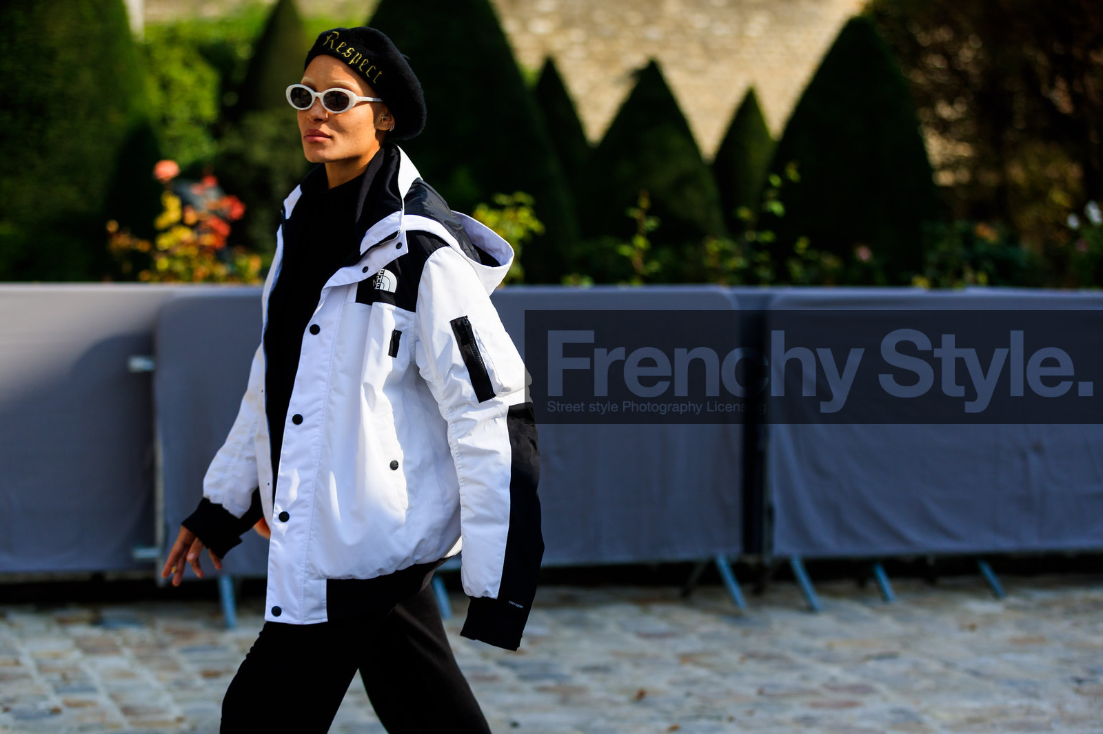 atmosphere details, beret, black hat, black pants, detail, down jacket, fashion week, frenchystyle, FW, hood, horizontal, jonathan paciullo, PARIS, PFW, SPRING SUMMER 2018, SS 18, street style, streetwear, sunglasses, trousers, white jacket, model, adwoa aboah
