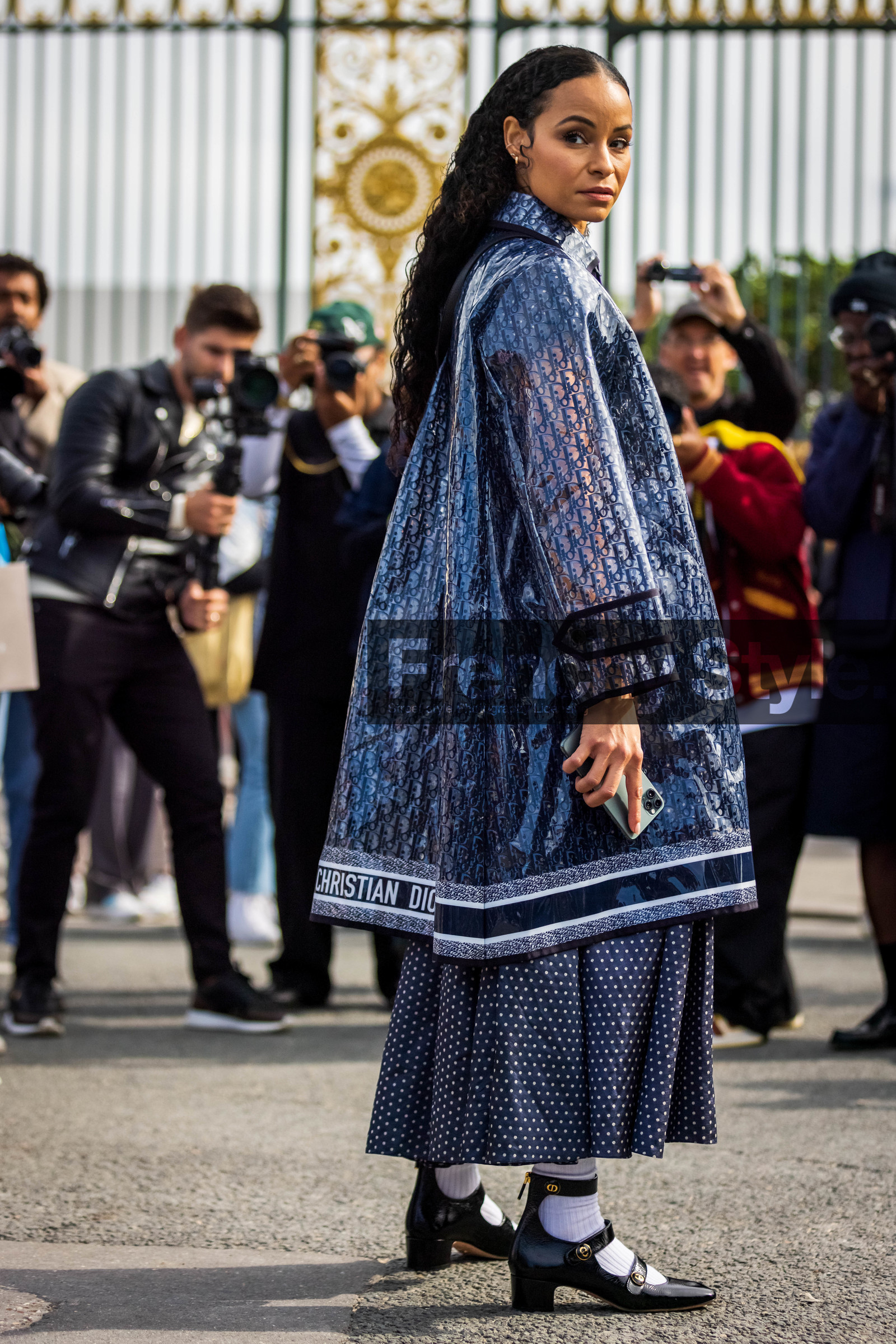 babies, black babies, dio raincoat, dior look, dior print, dots, dots dress, dress, logo print, long skirt, navy dress, patent babies, patent sandals, printed dress, raincoat, sock, transparent raincoat, white sock, street style, jonathan paciullo, FW, frenchystyle, fashion week, PFW, PARIS, SPRING SUMMER 2022, SS 22, vertical, full length