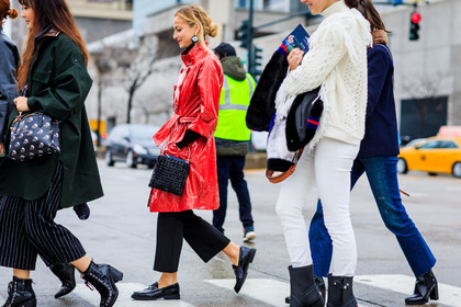 atmosphere details, AUTUMN WINTER 2016-2017, AW 16-17, black bag, black boots, black coat, black loafers, black pants, detail, earrings, fashion week, frenchystyle, FW, FW 16-17, green coat, group of people, gucci, high boots, high heels, horizontal, jonathan paciullo, lace up shoes, leather boots, leather coat, leather shoes, mini bag, navy pants, NEW YORK, NYFW, printed bag, red coat, street style, striped pants, trousers, varnished leather, vinyl, wide pants, woman