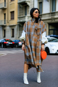 brown coat, checked, graphic jacket, grey coat, high heels, leather bag, leather shoes, orange bag, plaid, printed jacket, sunglasses, white shirt, white shoes, MILAN, MFW, fashion week, frenchystyle, FW, jonathan paciullo, street style, AUTUMN WINTER 2019-2020, AW 19-20, FALL WINTER 2019-2020, FW 19-20, vertical, full length