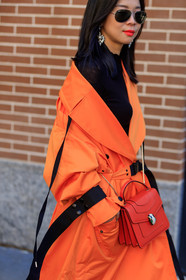 atmosphere details, bulgari, detail, earrings, fashion week, frenchystyle, FW, jonathan paciullo, leather bag, MFW, MILAN, orange coat, red bag, SPRING SUMMER 2018, SS 18, street style, sunglasses, vertical