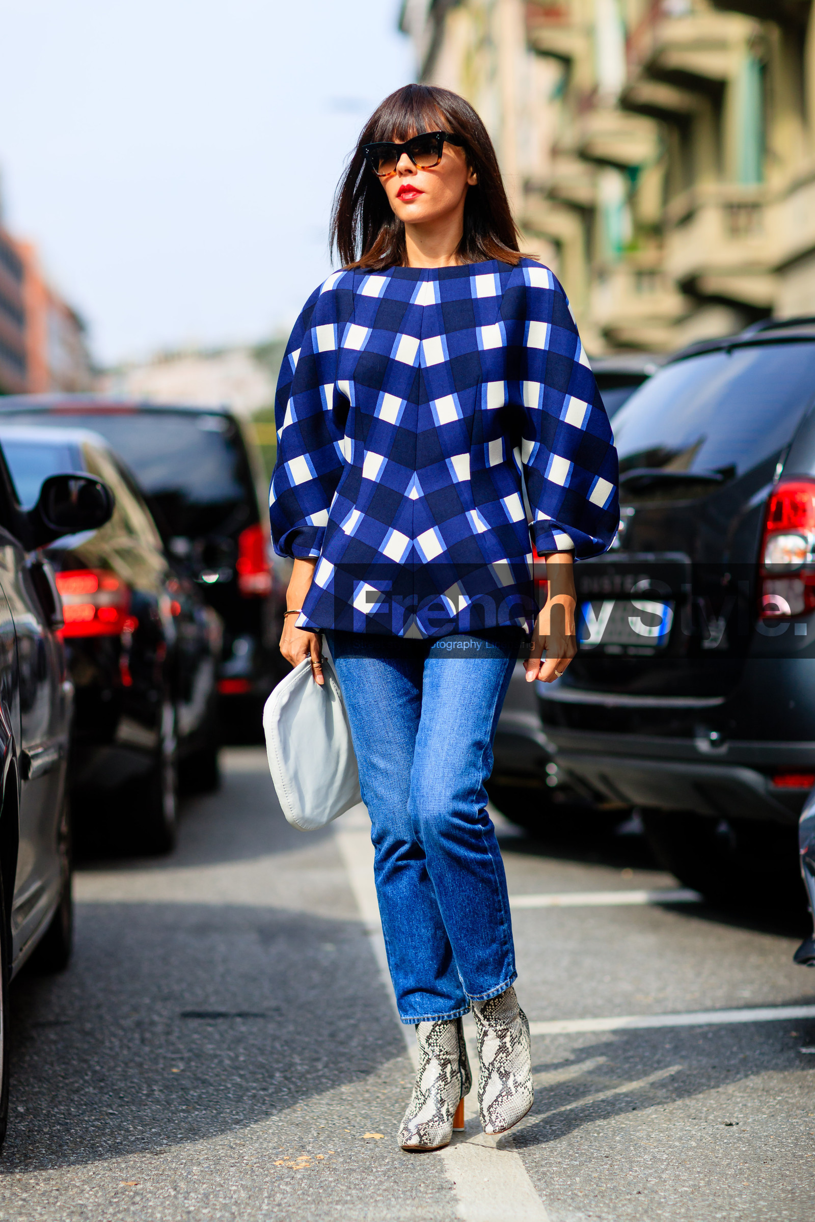 animal print, blue denim, blue top, checked top, denim pants, Evangelie Smyrniotaki, fashion week, frenchystyle, full length, FW, gingham, jeans, jonathan paciullo, leather bag, leather boots, leather shoes, MFW, MILAN, plaid, printed top, snake print, SPRING SUMMER 2017, SS 17, street style, sunglasses, trousers, vertical, white bag