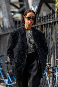 Alexandra Guerain, black jacket, black pants, black sunglasses, embroidered jacket, floral print, flower print, grey top, jacket, large pants, oversize jacket, oversize pants, pants, prada earrings, printed top, rectangle sunglasses, sunglasses, top, fashion week, frenchystyle, FW, jonathan paciullo, street style, PFW, PARIS, SPRING SUMMER 2022, SS 22, vertical, atmosphere details