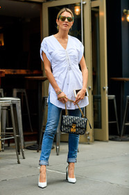 black and white shoes, black bag, blue denim, christian dior, denim pants, fashion week, frenchystyle, full length, FW, helena bordon, high heels, jeans, jonathan paciullo, leather bag, leather shoes, monogram, NEW YORK, NYFW, off white, printed bag, SPRING SUMMER 2018, SS 18, street style, sunglasses, trousers, vertical, white shirt
