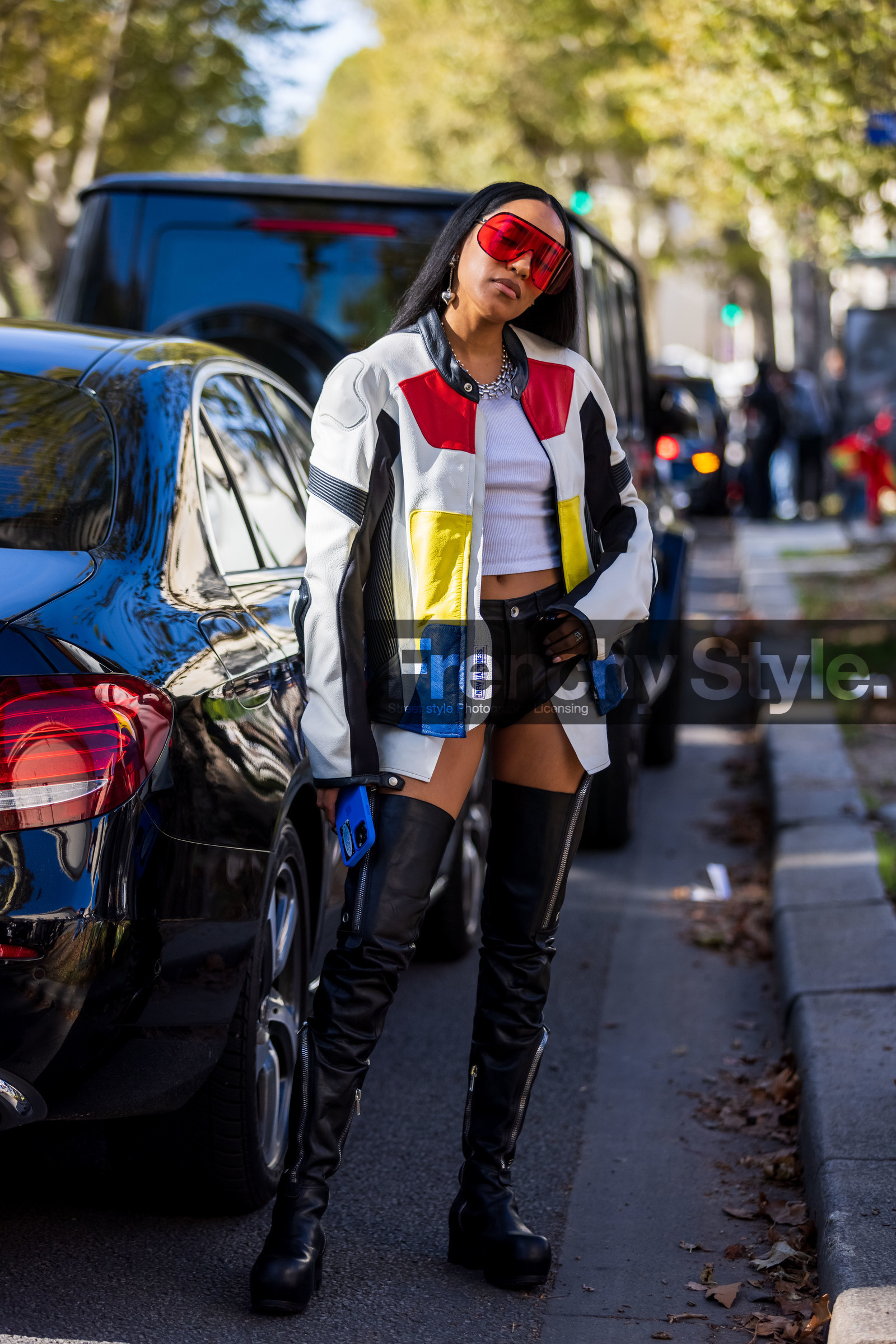 Aleali May, black boots, black short, boots, color, high boots, jacket, leather jacket, leather short, mask sunglasses, mini short, moto jacket, necklace, red sunglasses, sunglasses, top, white top, street style, jonathan paciullo, FW, frenchystyle, fashion week, PFW, PARIS, SPRING SUMMER 2022, SS 22, vertical, full length