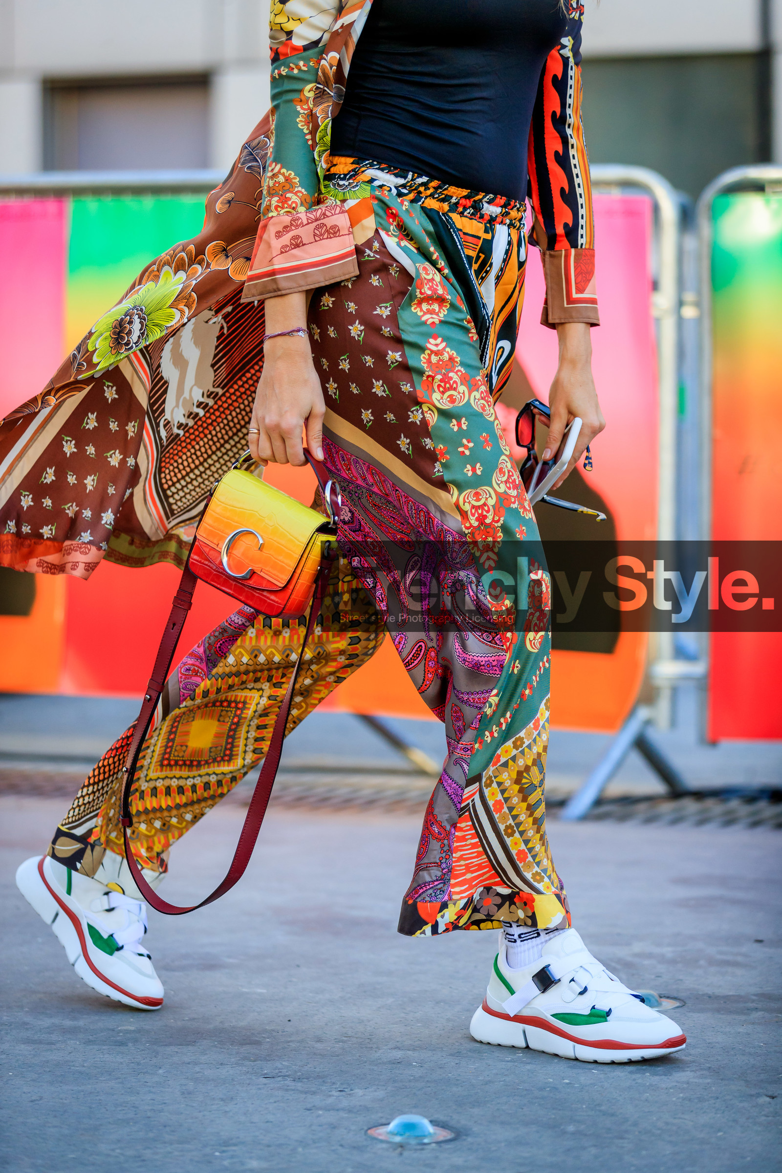 black top, chloé, graphic jacket, graphic pants, leather bag, leather shoes, multicolor jacket, multicolor pants, nike, orange bag, printed jacket, printed pants, red bag, trousers, veronika heilbrunner, white shoes, yellow bag, PARIS, PFW, street style, jonathan paciullo, FW, frenchystyle, fashion week, AUTUMN WINTER 2019-2020, AW 19-20, FALL WINTER 2019-2020, FW 19-20, vertical, atmosphere details, detail