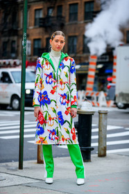embroidered coat, embroideries, floral, flowers, graphic jacket, graphic pants, green pants, high heels, hood, leather shoes, printed coat, printed jacket, printed pants, sweatpants, trousers, white coat, white shoes, white sweater, street style, jonathan paciullo, FW, frenchystyle, fashion week, NYFW, NEW YORK, AUTUMN WINTER 2018-2019, AW 18-19, FALL WINTER 2018-2019, FW 18-19, vertical, full length, emili sindlev