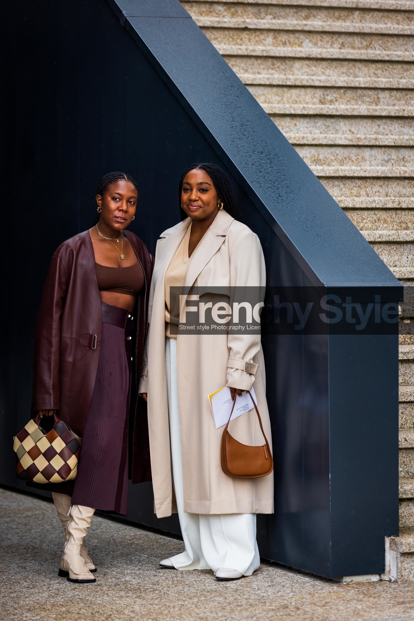 bag, beige boots, beige knit, beige trench, boots, bra, brown bra, burgundy coat, burgundy skirt, camel bag, coat, duo, flare pants, Jessica Willis, leather bag, leather coat, Lindsay Peoples Wagner, multicolor bag, pants, pleated skirt, skirt, trench, white pants, fashion week, frenchystyle, FW, jonathan paciullo, street style, PFW, PARIS, SPRING SUMMER 2022, SS 22, vertical, full length