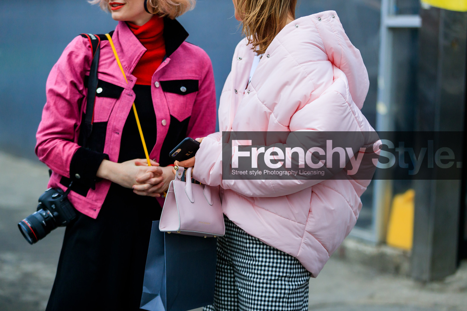 atmosphere details, AUTUMN WINTER 2017-2018, AW 17-18, black and white, black jumpsuit, camera, detail, down jacket, FALL WINTER 2017-2018, fashion week, frenchystyle, FW, FW 17-18, gingham, graphic pants, horizontal, jonathan paciullo, leather bag, mini bag, NEW YORK, NYFW, pink bag, pink jacket, printed pants, red lips, red sweater, street style, trousers, zanita whittington